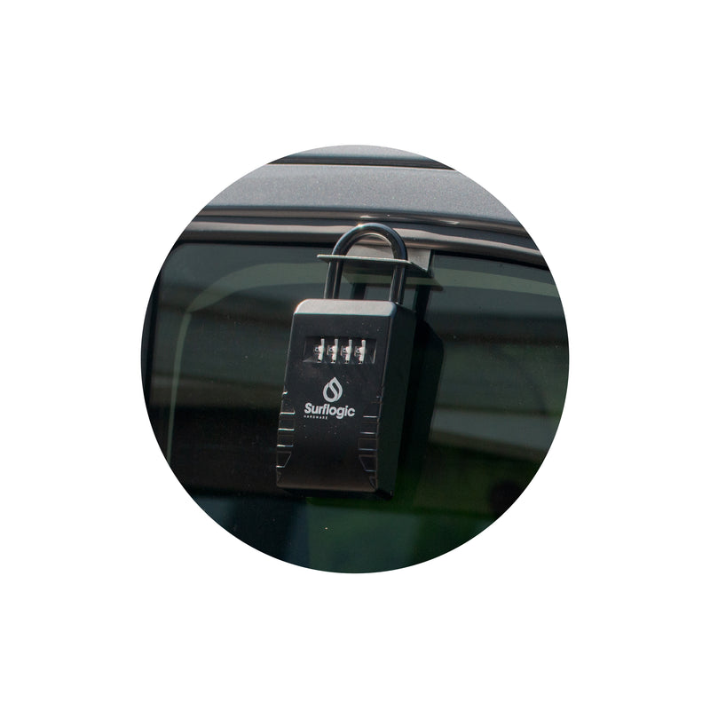 Close Up Image of Surflogic Car Window Key Vault Lock Box Window Hanging Accessory In Use