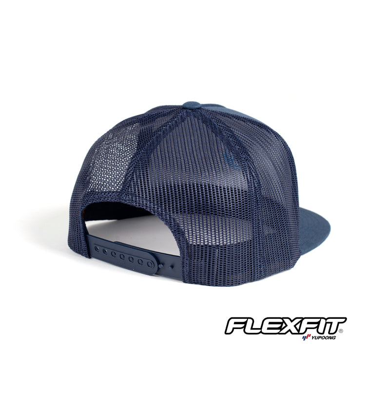 Surflogic Navy Blue Flexifit Snapback Flat Brim Baseball Hat Mesh and Snapback Detail Photo with Flexfit Logo