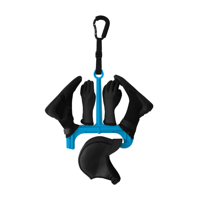 Surflogic Wetsuit Accessory Hanger Double System Fully Loaded with Neoprene Hood, Booties and Gloves with Strap Carabiner Accessory System Attached